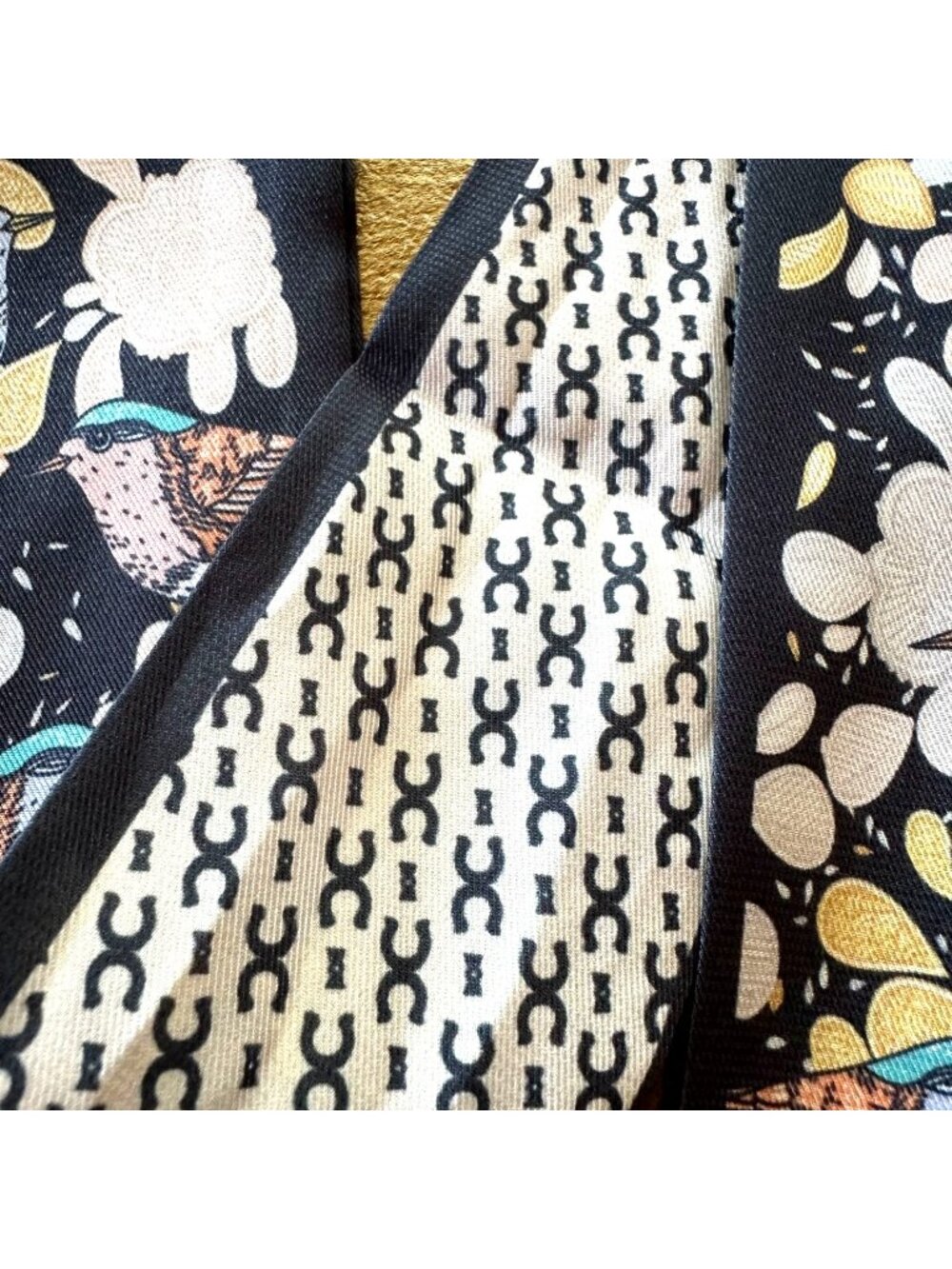 Twilly Scarf 36" X 2" Navy & Cream With Floral & Bird Design Reversible Pattern - Picture 5 of 5